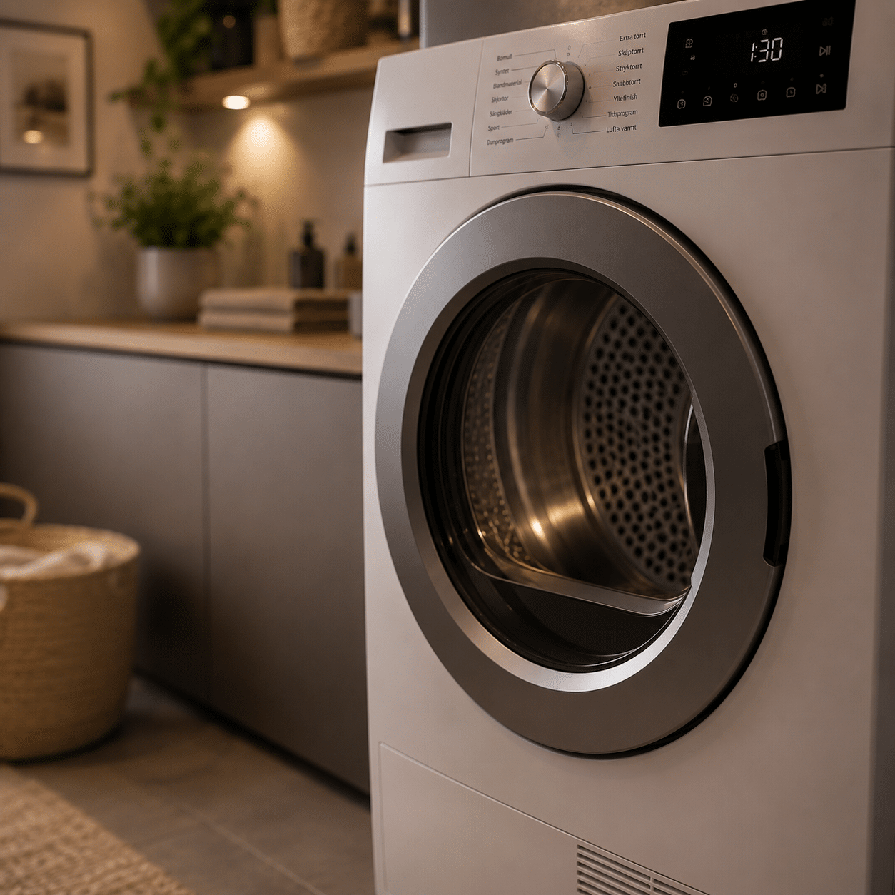 Front-loading washing machine in a modern laundry room with a plant and woven basket nearby.