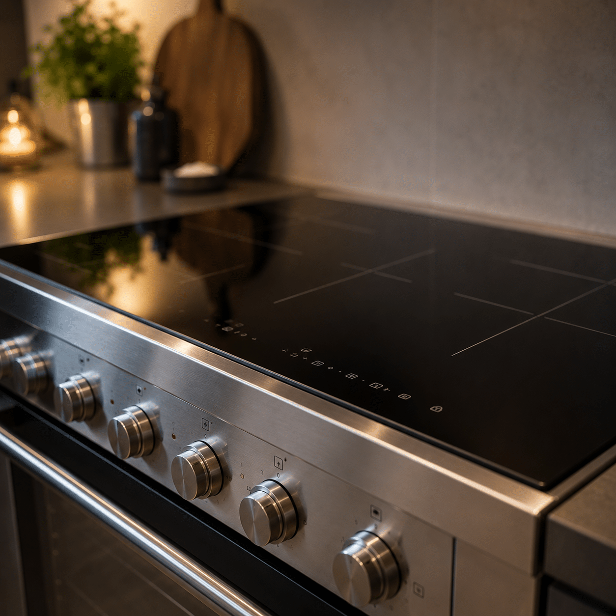 Närbild på en spis i rostfri design med induktionshäll. Levererad från Kökscentrum Skousen på Väla i Helsingborg